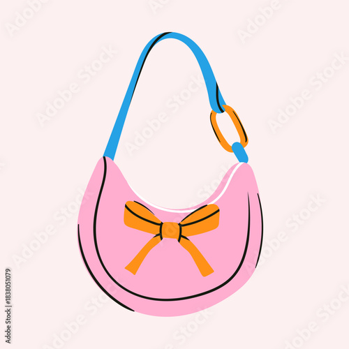 Stylish pink female Purse or bag. Ladies fashion handbag. Textile, leather women's accessory. Hand drawn trendy Vector illustration. Isolated design element. Sticker, print, logo template