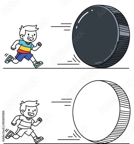 Cute cartoon boy running after a giant hockey puck vector illustration Funny kid chasing sport equipment