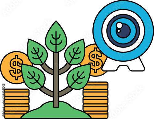 A tree with leaves and a bunch of coins on the ground