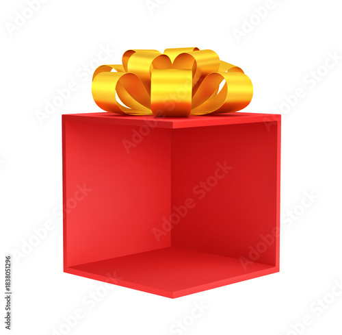Red product showcase gift box with golden bow isolated on white. Clipping path included