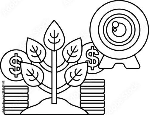 A tree with leaves and a bunch of coins on the ground