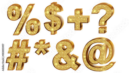3D Gold Elements with Glitter — Premium Metallic Number Set, Transparent PNG