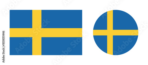 National flag of Sweden. Set of circle, rectangle flag icons. Swedish rounded, rectangular flags in flat style.