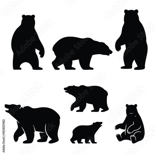 Bear Silhouettes Vector Set, Various Bear Poses Silhouettes Collection, Black and White Grizzly or Polar Bear Illustrations, Standing, Walking, and Sitting Bear Figures, Wild Animal Bear Vector Set.