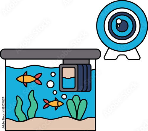 A black and white drawing of a fish tank with a camera in the middle