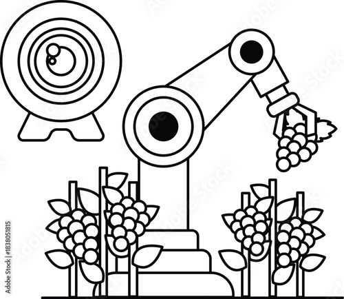 A robot is picking grapes from a vineyard
