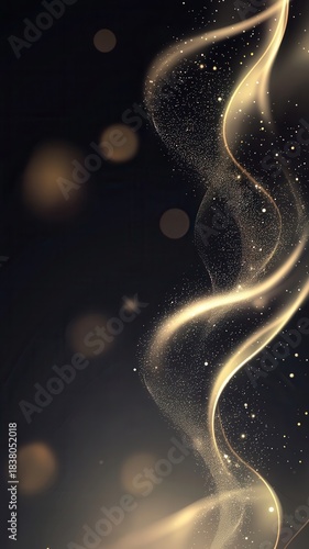 Glowing abstract gold waves with bokeh lights on dark grey gradient background creating luxury event design