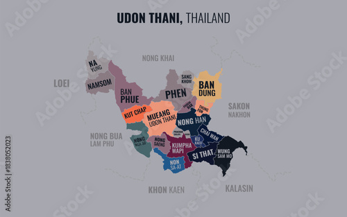 A map showing Udon Thani Thailand divided into districts in a minimalist colorful style
