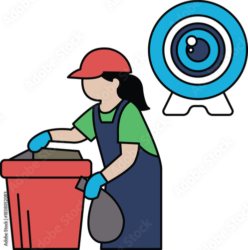 A woman is cleaning a trash can