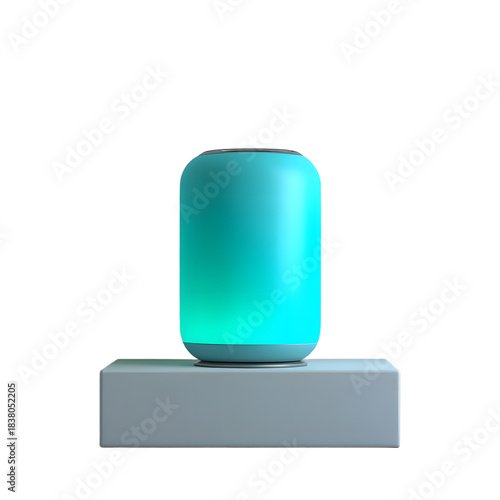 Smart Speaker Glowing Turquoise Standing on Minimalistic Desk