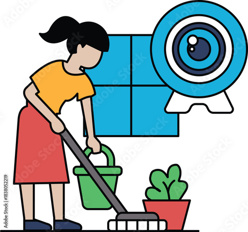 A woman is cleaning a room with a broom and a bucket