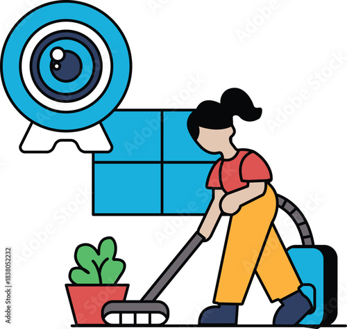 A woman is cleaning a room with a broom