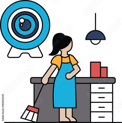 A woman is cleaning a room with a broom