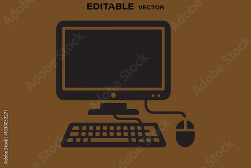 Vintage computer monitor keyboard and mouse set on brown background