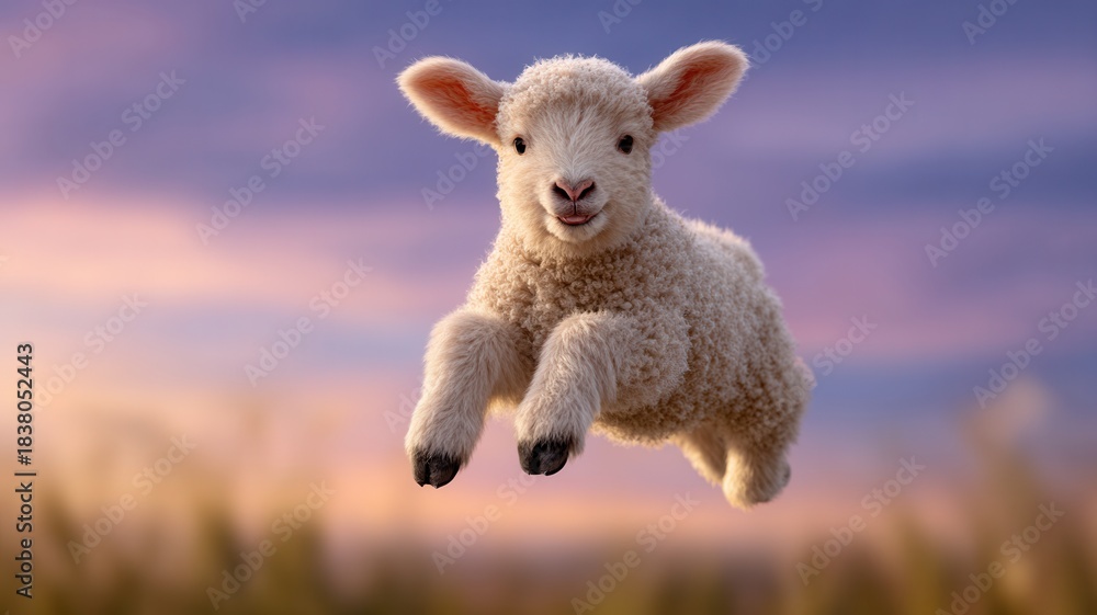 Obraz premium Little lamb leaping happily in springtime field during golden hour representing innocence, joy, and new beginnings