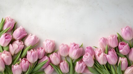 A breathtaking, super realistic top view of a lush, vibrant bunch of lovely pastel pink tulips, arranged meticulously to form an exquisite floral border along the bottom and sides of the frame. 