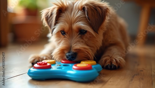 Small terrier dog intently plays with colorful interactive treat dispensing puzzle toy on wooden floor. Canine uses nose, paws to solve riddle, seeking reward hidden inside toy. Learning, fun