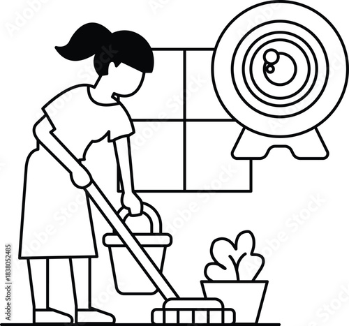 A woman is cleaning a room with a broom and a bucket