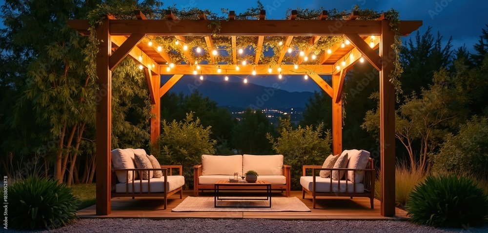 Naklejka premium Wooden pergola with string lights illuminates comfortable outdoor seating area at dusk. Rich green plants surrounds a modern patio with sofas and chairs, overlooking a distant town at night.