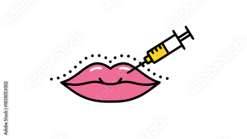 Pixel Art Pink Lips Receiving Yellow Liquid Injection From Syringe Against Black Background Beauty Procedure Aesthetic Enhancement Concept