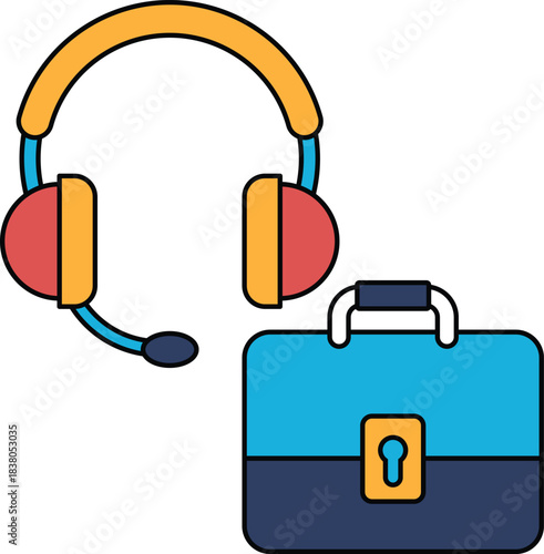 A black and white drawing of a headset and briefcase