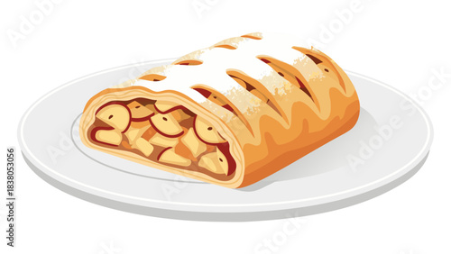 Pixel Art Apple Strudel Dessert Dusted With Powdered Sugar on White Plate Isolated on Black Background Sweet Pastry Food Illustration