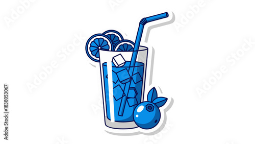Pixel Art Blue Cocktail with Ice Lemon Slices and Blueberry Garnish on Black Background Refreshing Summer Drink with Straw and White Border