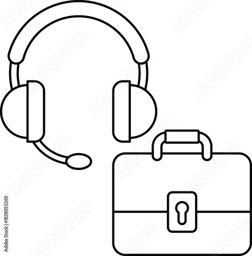 A black and white drawing of a headset and briefcase