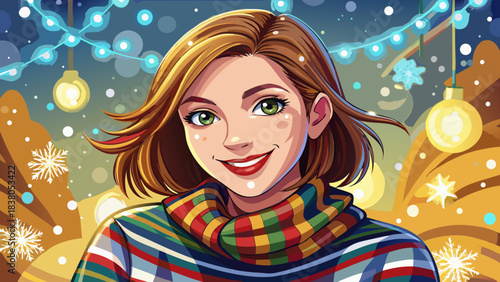 Very beautiful close-up winter portrait of a young woman smiling in a colorful striped sweater, short hair dusted with snowflakes, soft Christmas lights glowing behind her, joyful and warm seasonal at
