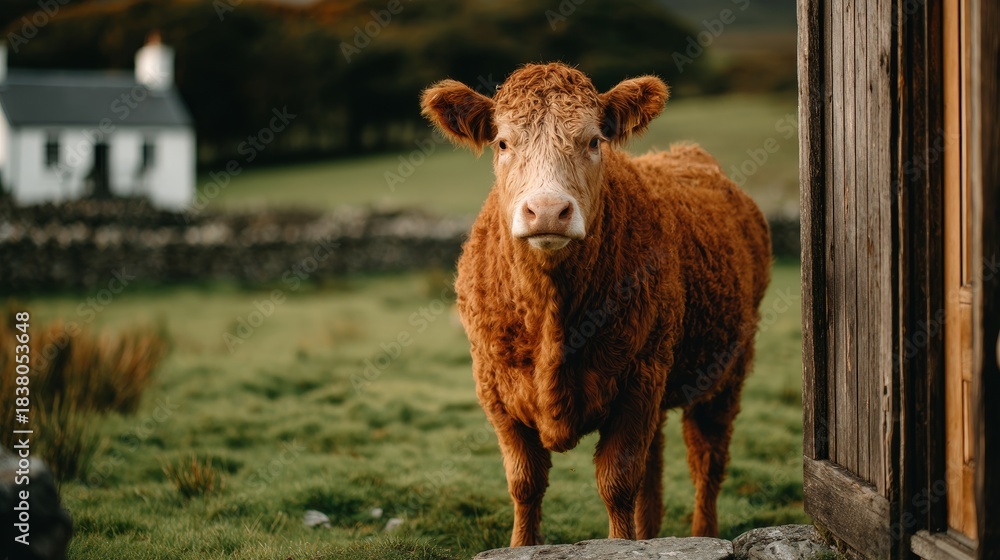 Fototapeta premium Rural Charm Unveiled A Curious Red Devon Cow Grazes Peacefully in the Irish Countryside at Dawn,
