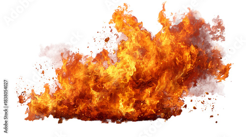 Stunning, vibrant orange fire explosion with white smoke effects isolated against a dramatic black background isolated on transparent background