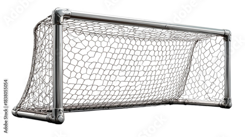 Stunning, professional metal soccer goal frame with taut netting isolated against a dramatic black background for sports design isolated on transparent background