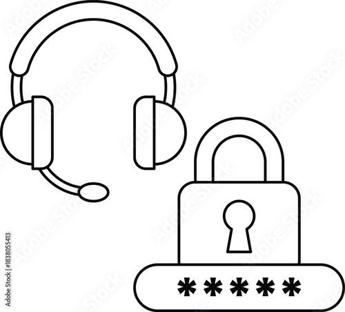 A black and white drawing of a headset and a lock