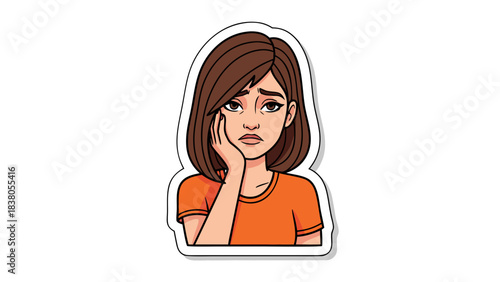 Pixel Art Portrait of a Worried Young Woman with Brown Hair and Orange Shirt Holding Her Cheek Depicting Sadness or Concern Against a Black Background