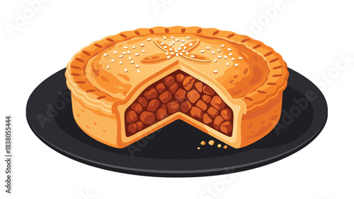 Pixel Art Savory Meat Pie With Golden Brown Crust and Sesame Seeds On A Black Plate Minimalist Design With Dark Background