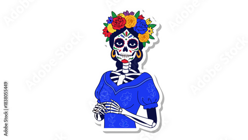 Pixel Art Skeleton Woman With Flower Crown And Blue Dress Day Of The Dead Celebration