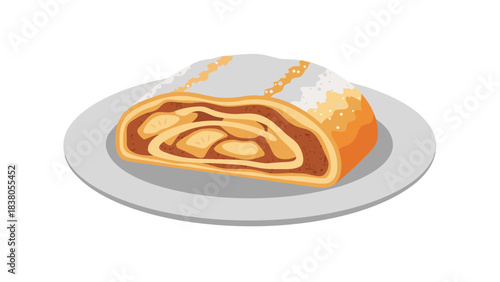Pixel Art Slice Of Strudel Pastry With Apple Filling And Powdered Sugar Dusting Served On A White Plate Isolated On Black Background