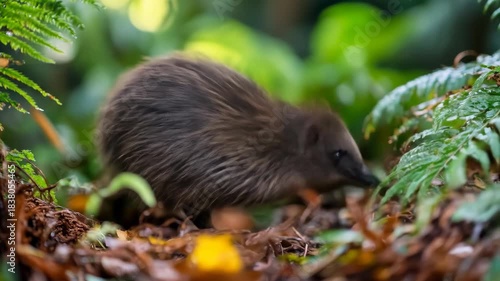 Brown kiwi forages among ferns on the forest floor, hunting insects with its beak. This unique, vulnerable species is from New Zealand.
