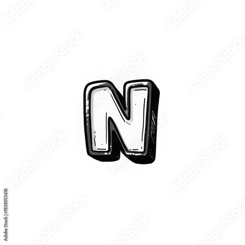 Alphabet N bold white letter with black outline, isolated on transparency background, playful style, suitable for graphic design, education, or decoration