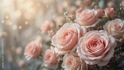 Beautiful arrangement of pink roses with soft lighting in a floral setting Generative AI