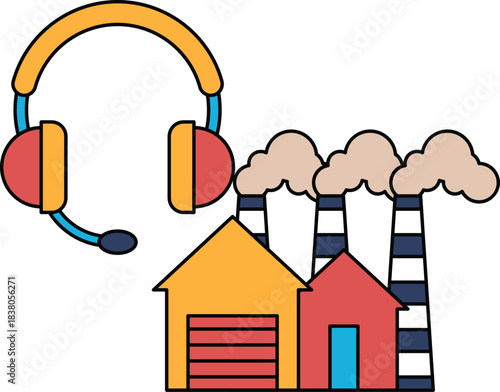A house and a factory are shown with a headset on top of the house