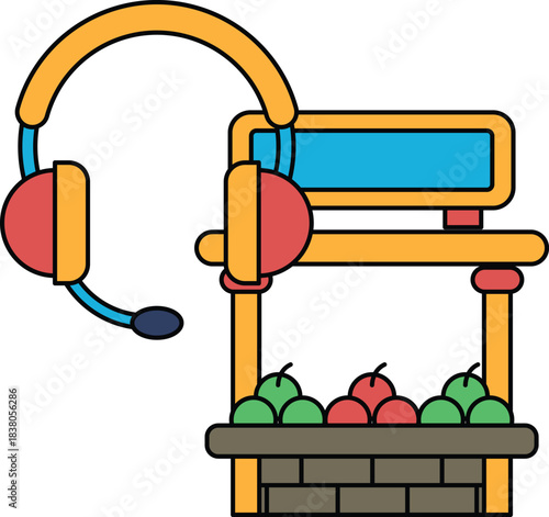 A black and white drawing of a person wearing a headset and a computer monitor