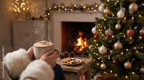 Cozy winter scene featuring a person holding a warm cup of hot chocolate with whipped cream, sitting by a glowing fireplace, decorated Christmas tree, and festive ambiance creating a holiday atmospher