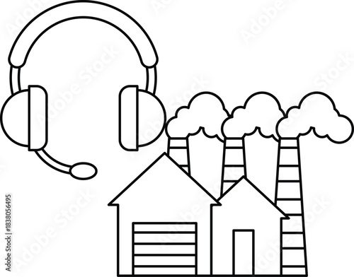 A house and a factory are shown with a headset on top of the house