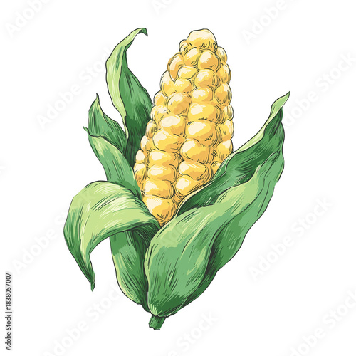 Freshly picked corn on the cob with green leaves ready for cooking or grilling, showcasing natural colors and textures