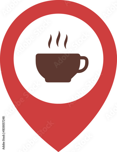 Red map pointer pin with coffee cup icon, flat vector design