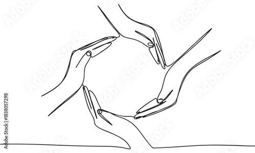 Continuous Line Art of Four Hands Forming a Circle