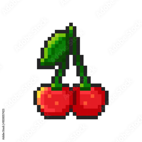 Pixel red cherry berries isolated on transparent background. Pixelated badge, game asset or computer arcade item. Fruit icon. Vector pixel art food illustration in 16 bit old style.