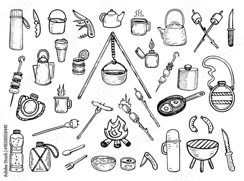 Camping food and cookware set. Hand drawn sketch vector. Cooking over fire in forest. Grilled sausages. Roasted marshmallows. Thermos flask water bottle. Line art illustration. Collection of elements.