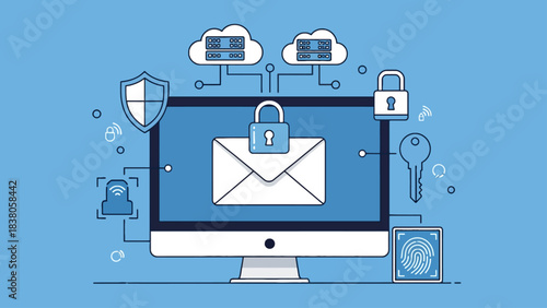 Digital security concept with a computer displaying an email icon protected by a padlock, surrounded by security symbols like a shield, fingerprint, and key.